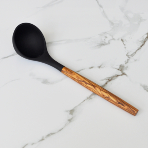 Olive Wood and Black Silicone Ladle