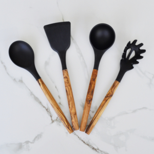 Black Silicone and Olive Wood Utensils Set